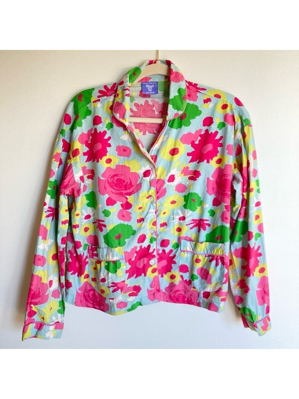 Pine Cone Hill Womens M Tropical Floral Button Front Pajama Shirt Retro Resort